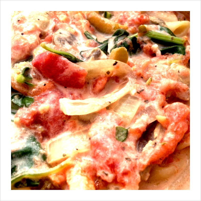 vegan pasta primavera with pink sauce