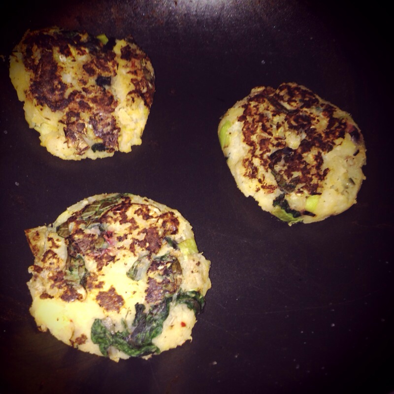 swede (turnip) patties with blackened leek & chard