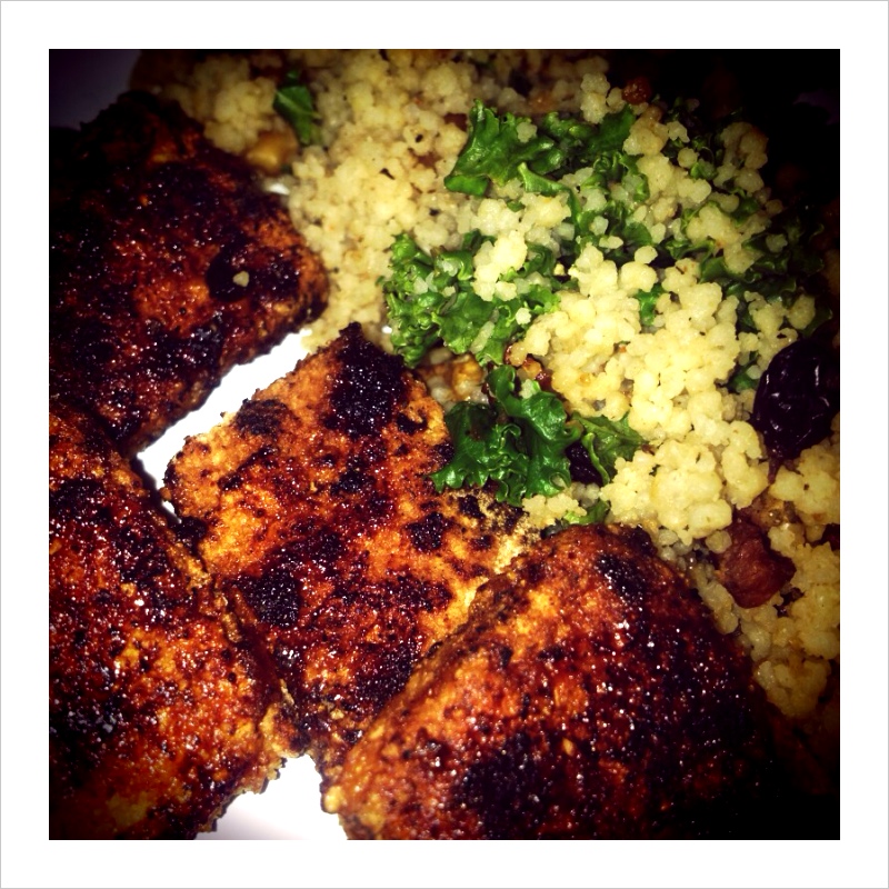 bbq breaded tofu with kale couscous